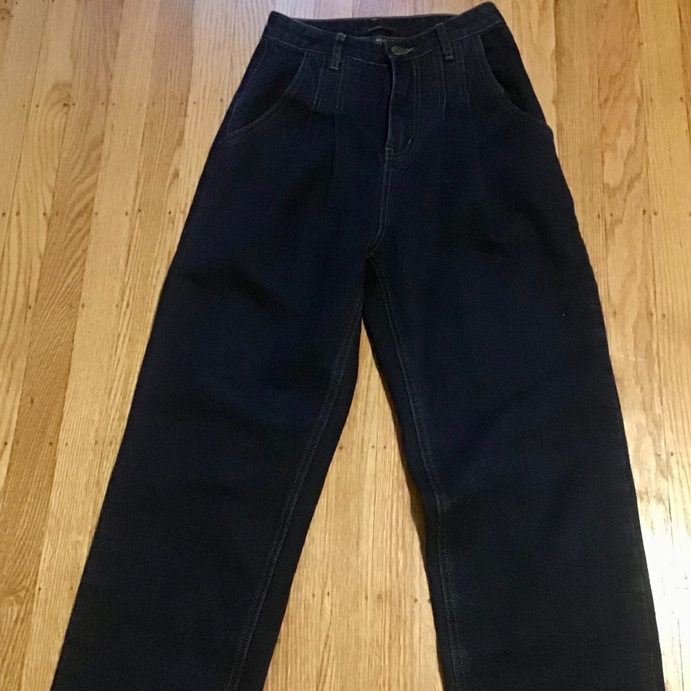 Small Denim Blue Pleated Wide Leg Jeans